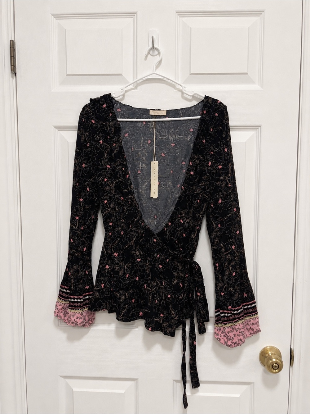 lovestitch Black Wrap Blouse with Pink Floral Trim